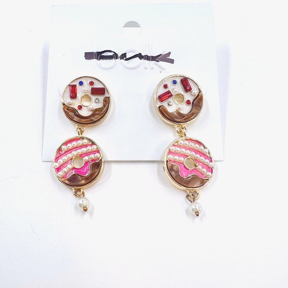 NWT – Belk – Cute Playful Jeweled Donut Motif Pearl 2” Dangle Post Stud Earrings - Picture 6 of 8